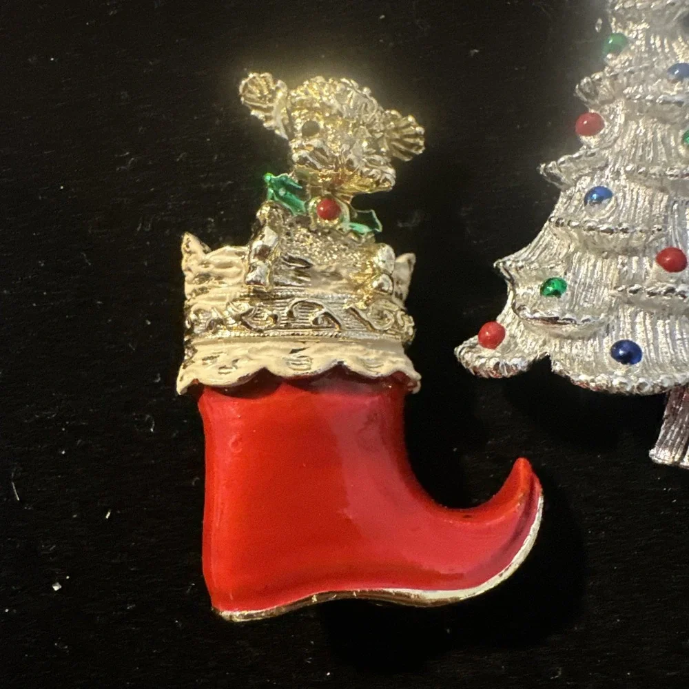 Vintage Gerry's Christmas Brooch Puppy in Stocking Santas Boot & Christmas Tree